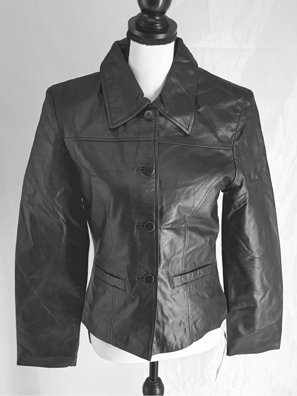 Women's Black Leather Button-Front Jacket